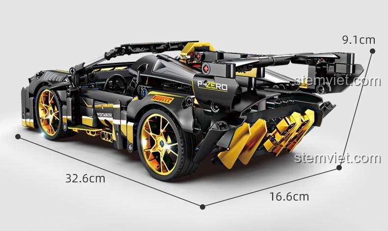 Kích thước đồ chơi lắp ghép Siêu xe Veneno GBL 1060, dài 32.6cm, rộng 16.6cm, cao 9.1cm.