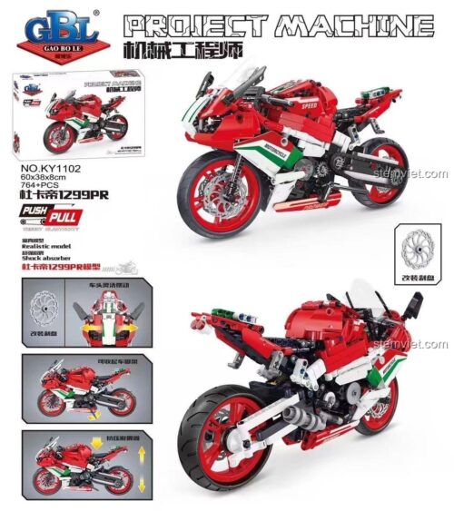 Hộp và các tính năng của bộ xếp hình GBL KY1102 Mô tô Ducati 1299PR, đồ chơi mô hình GBL chất lượng cao.