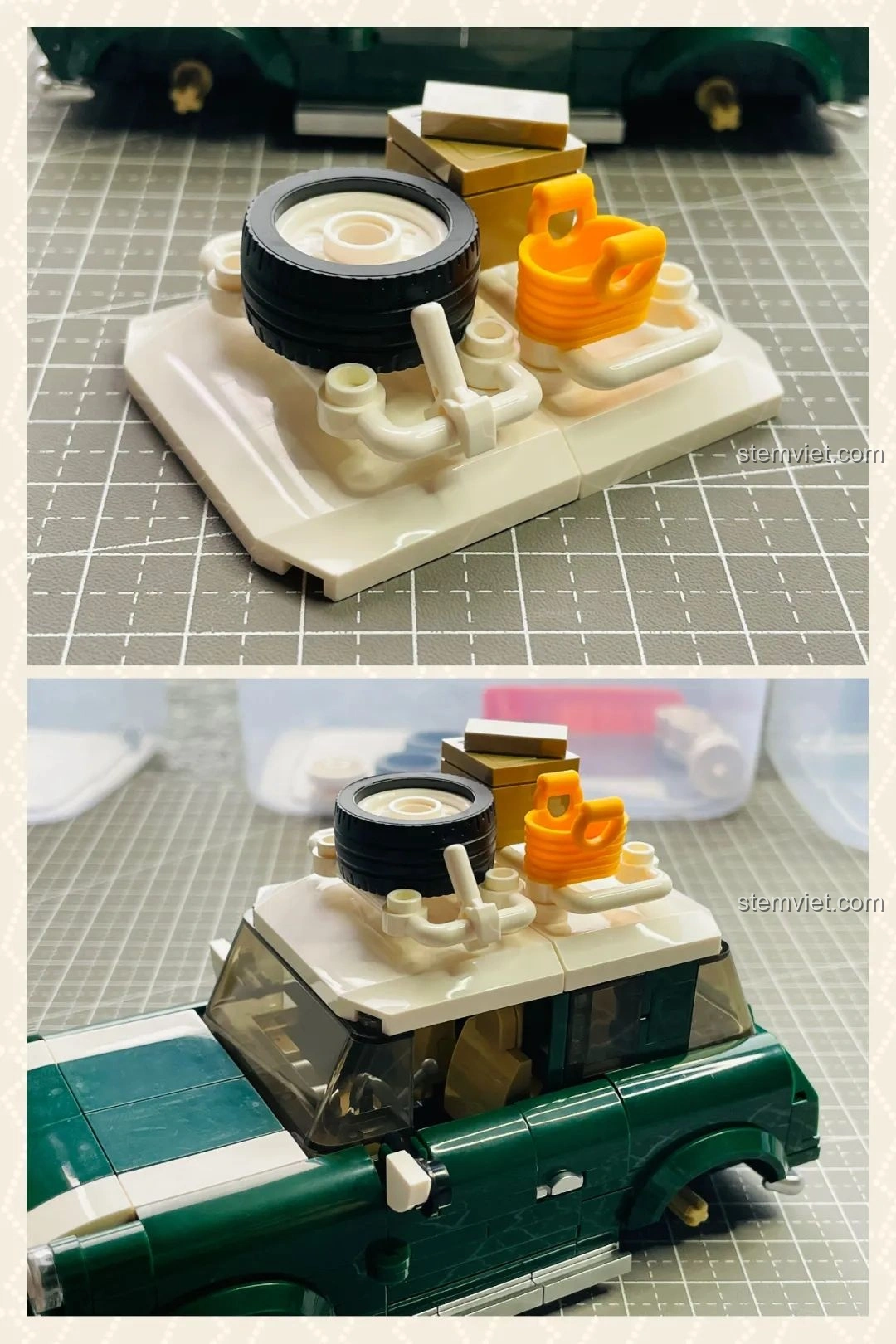 Lắp ráp giá nóc với lốp dự phòng và hành lý cho mô hình xe MINI Camper Power Block PB8804, chuẩn bị cho chuyến đi.