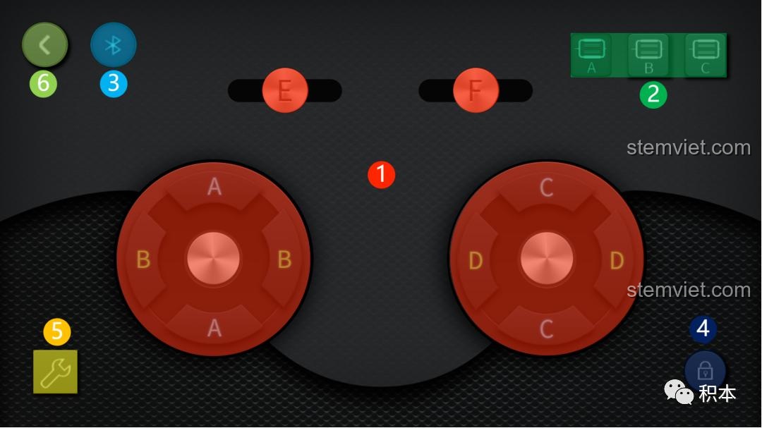 Giao diện điều khiển chi tiết trên App cho bộ module 6 kênh, với joystick ảo và các nút tùy chỉnh chức năng.