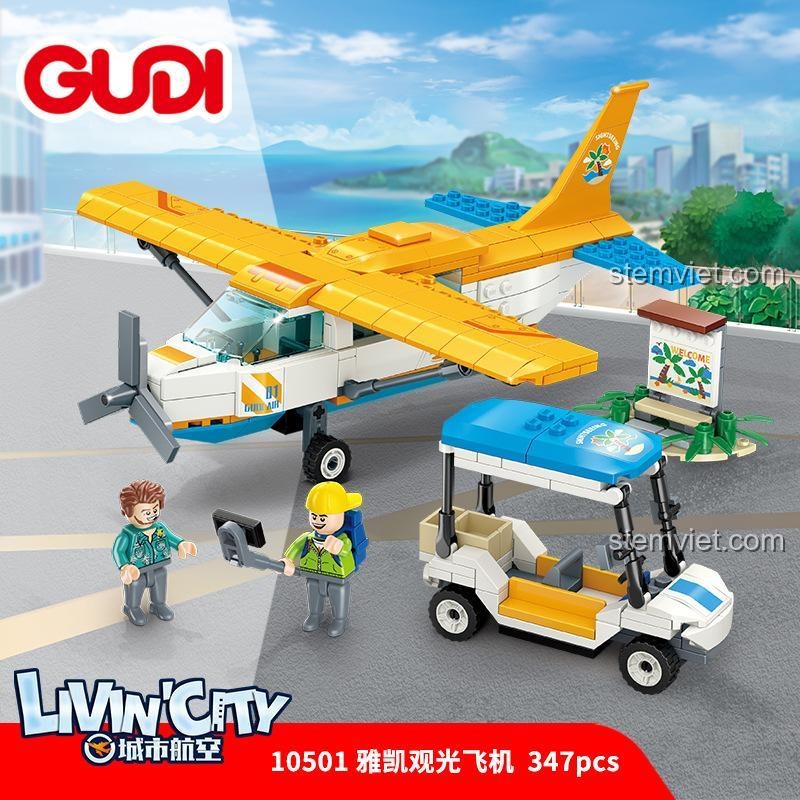 Đồ chơi mô hình GUDI 10501 Máy bay tham quan Yakai, bộ lắp ghép Xe điện sân golf, đồ chơi lắp ráp cho bé trai 6 tuổi, giá rẻ.