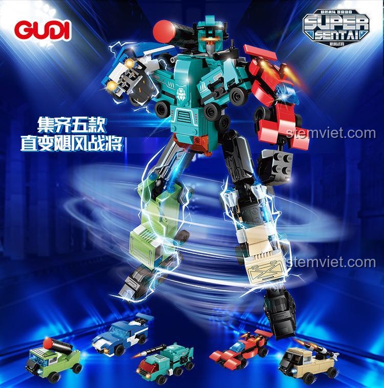 Hình ảnh quảng cáo bộ đồ chơi GUDI 40202 với robot Hurricane General ở trung tâm và 5 xe thành phần, nhấn mạnh khả năng hợp thể.