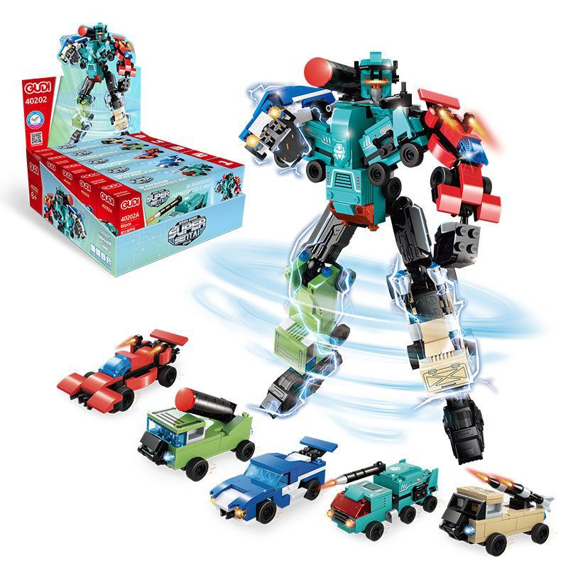 Ảnh chụp tổng thể bộ lắp ráp GUDI 40202 Robot Bão Táp Hợp Thể, hiển thị robot lớn và 5 xe nhỏ. Món đồ chơi cho bé trai 6 tuổi.