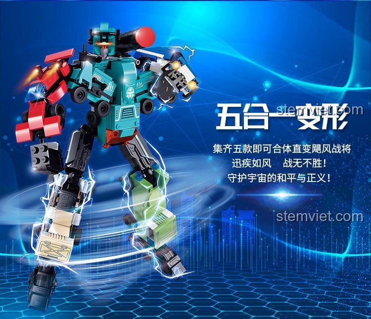 Mô tả tính năng biến hình 5 trong 1 của bộ xếp hình GUDI 40202, robot Hurricane General mạnh mẽ, chiến đấu vì hòa bình và công lý.