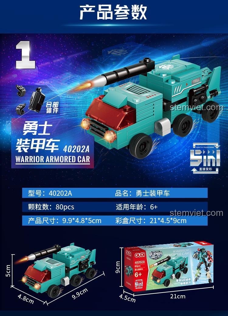 Thông số chi tiết của Xe Bọc Thép Dũng Sĩ 40202A, một phần của bộ lắp ráp Robot Hurricane General, với 80 mảnh ghép.