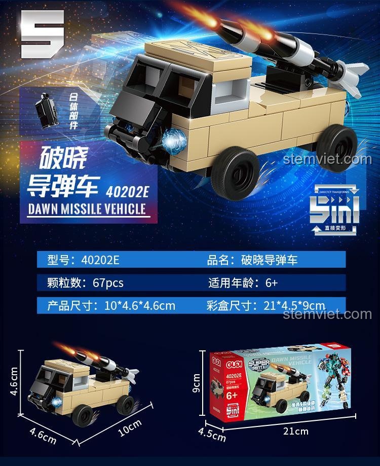Thông số chi tiết của Xe Tên Lửa Hừng Đông 40202E, một phần của bộ lắp ráp 40202, với 67 mảnh ghép.