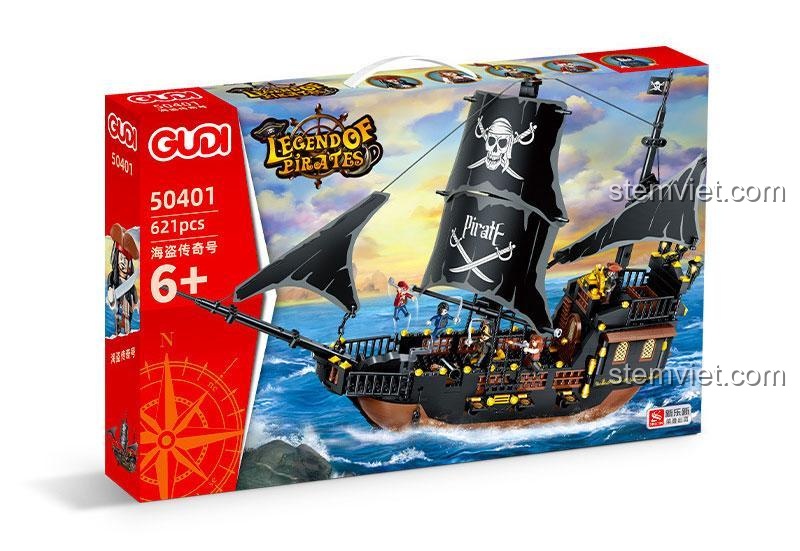Mô hình đồ chơi lắp ráp Tàu cướp biển Black Pearl GUDI 50401 với cánh buồm đen và 5 minifigures, món quà giá rẻ cho bé trai 6 tuổi.