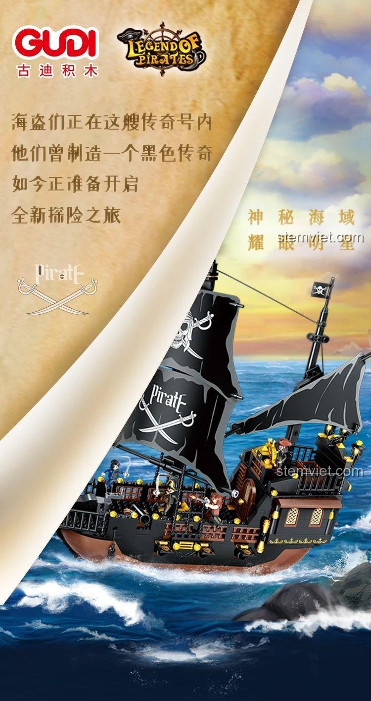 Poster quảng cáo bộ lắp ráp Thuyền hải tặc Black Pearl GUDI, khơi dậy tinh thần phiêu lưu khám phá những vùng biển bí ẩn.
