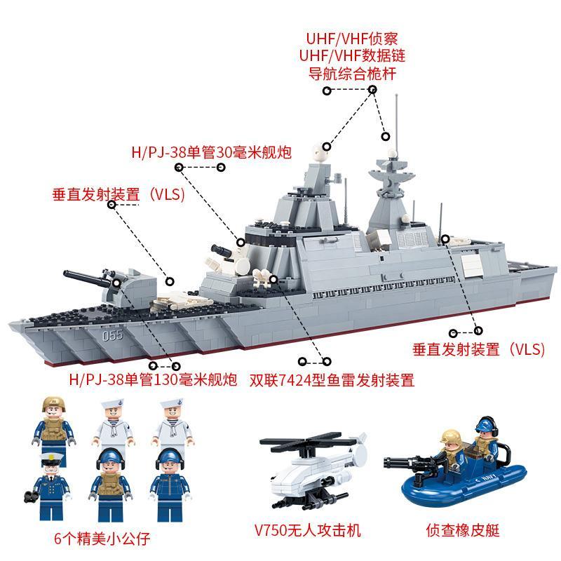 Mô hình Tàu Khu Trục Tên Lửa Type 055 GUDI 8028 với chi tiết vũ khí và 6 minifigures cho bé trai 6 tuổi.