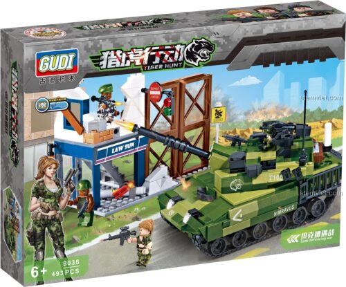 Hộp đồ chơi xếp hình GUDI 8036 chủ đề quân sự, bộ lắp ráp trận địa xe tăng với 493 chi tiết, quà tặng cho bé trai.