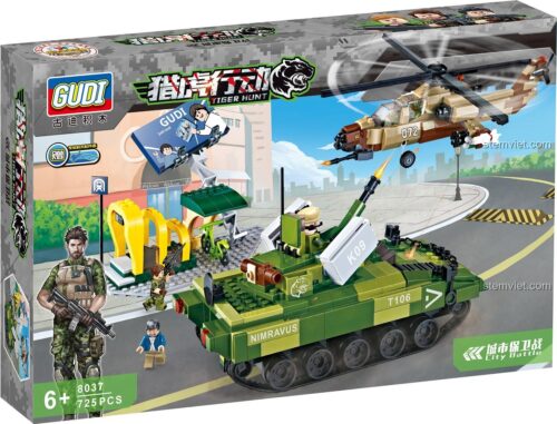 Hộp đồ chơi quân sự GUDI 8037 Trận chiến bảo vệ thành phố với 725 chi tiết, chất lượng cao.