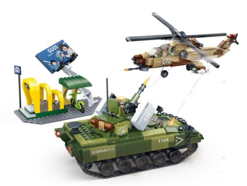 Mô hình bộ lắp ráp GUDI 8037 Xe tăng phòng không và trực thăng vũ trang cho bé trai 6 tuổi, giá rẻ.