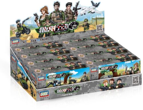 Hộp trưng bày bộ lắp ráp GUDI 8038 Chiến Dịch Săn Hổ cho bé trai 6 tuổi. Bộ đồ chơi mô hình quân sự giá rẻ gồm 8 hộp nhỏ có thể ghép thành 1 căn cứ lớn.