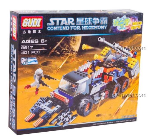 Hộp đồ chơi mô hình Robot Chiến Đấu Liên Hành Tinh GUDI 8617, bộ xếp hình Xe Tấn Công Toàn Địa Hình, thể hiện rõ 401 mảnh và độ tuổi 6+, chất lượng cao.