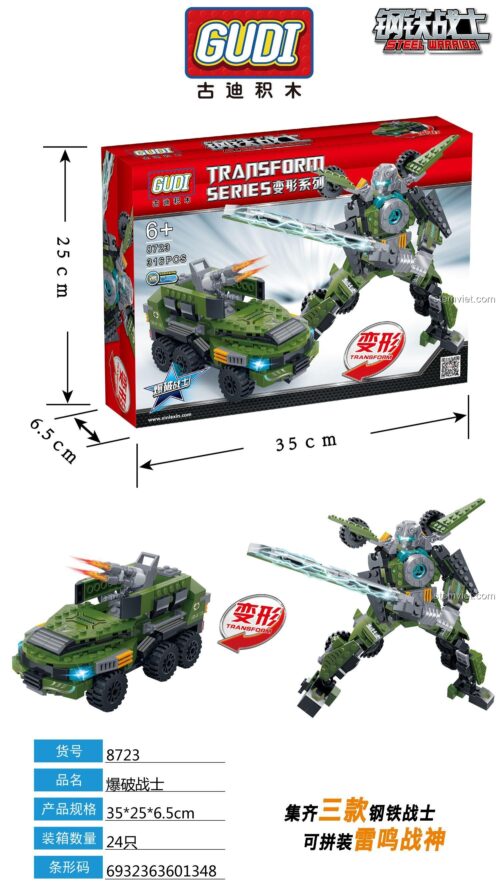 Hộp sản phẩm bộ lắp ráp GUDI 8723 Robot biến hình Demolition Warrior 316 chi tiết. Lựa chọn giá rẻ cho bé trai.