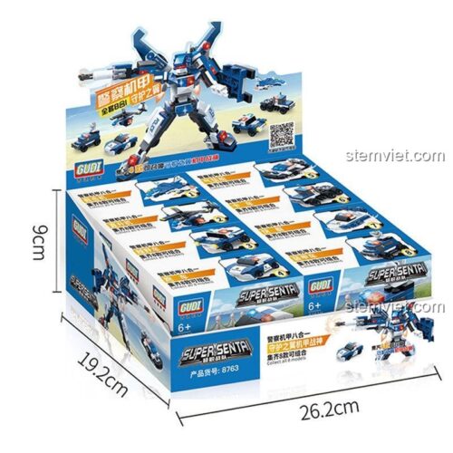 Hộp sản phẩm bộ lắp ráp Robot Biến Hình GUDI 8763, cho thấy 8 mô hình nhỏ có thể hợp thể, đồ chơi cho bé trai 6 tuổi.