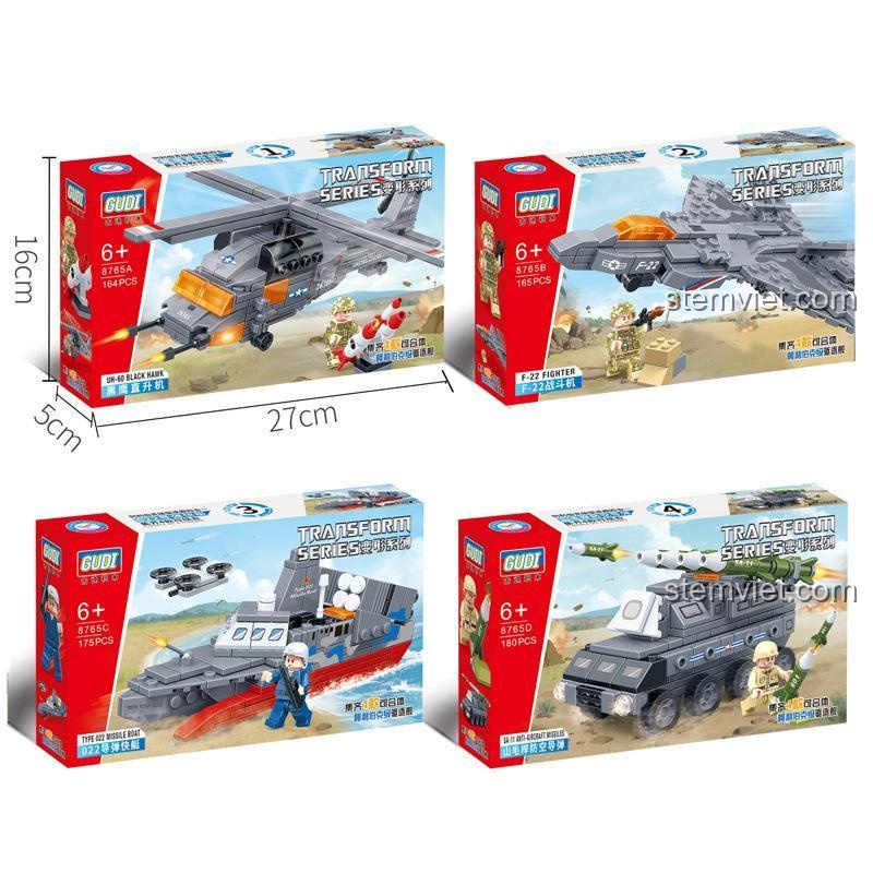 Chi tiết 4 mô hình nhỏ trong bộ xếp hình GUDI 8765: Trực thăng Black Hawk, F-22, Tàu tên lửa, Xe phòng không.