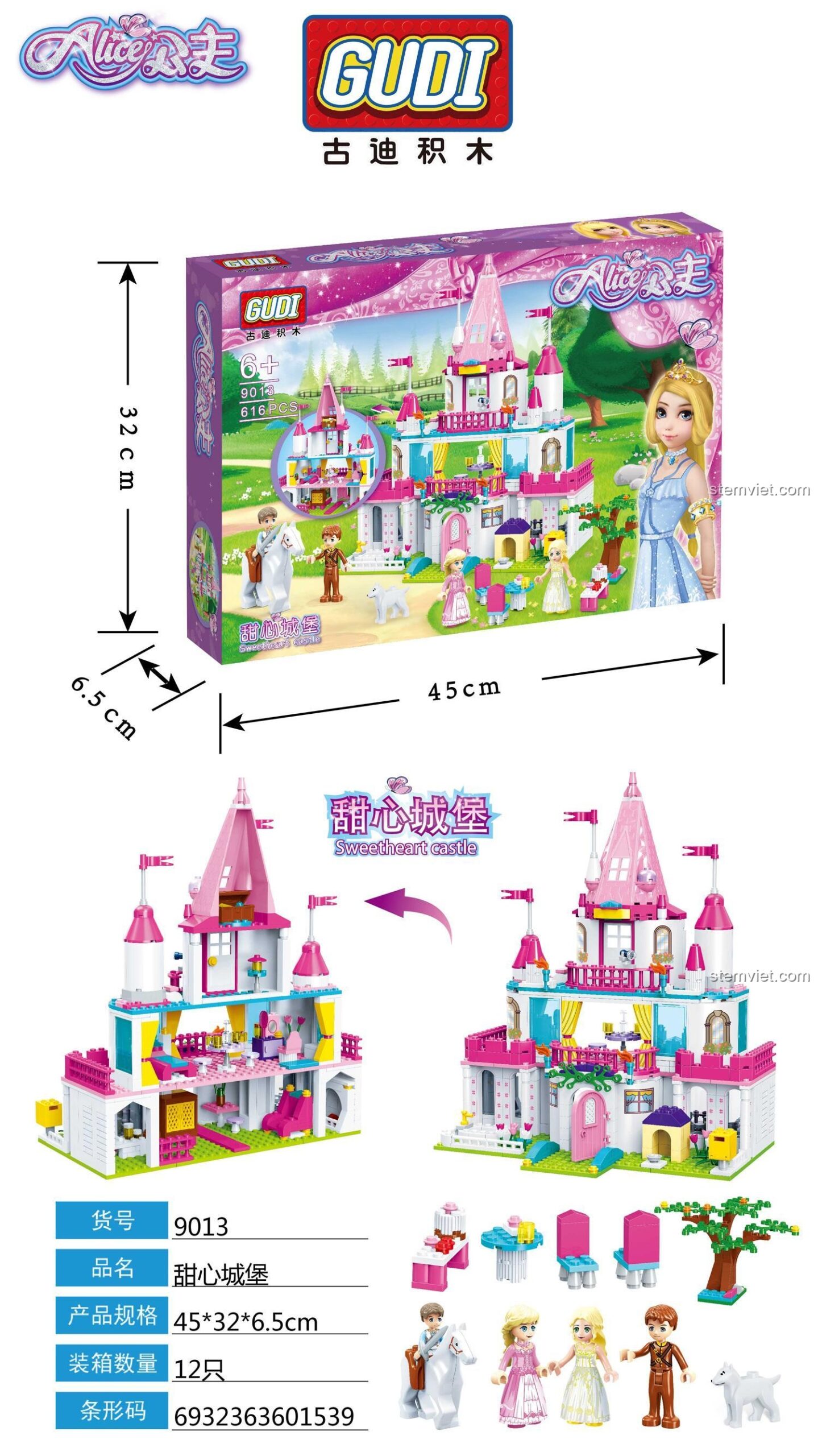 Hộp và thông số kỹ thuật của đồ chơi xếp hình Lâu đài của công chúa Alice 9013, gồm 616 chi tiết.