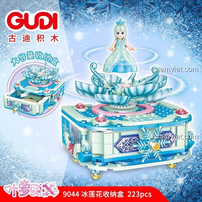 Hộp đồ chơi lắp ráp GUDI 9044 Hộp Đựng Đồ Ye Luoli, hiển thị mô hình Băng Liên Hoa và minifigure, phù hợp bé gái 6 tuổi.