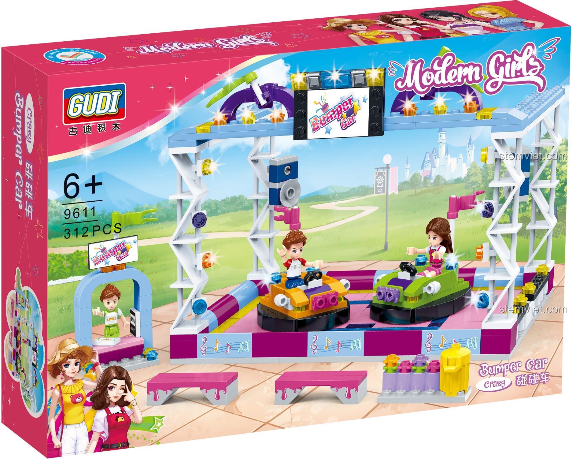 Hộp đồ chơi xếp hình GUDI 9611 Sân chơi xe điện đụng, món quà ý nghĩa cho bé gái.