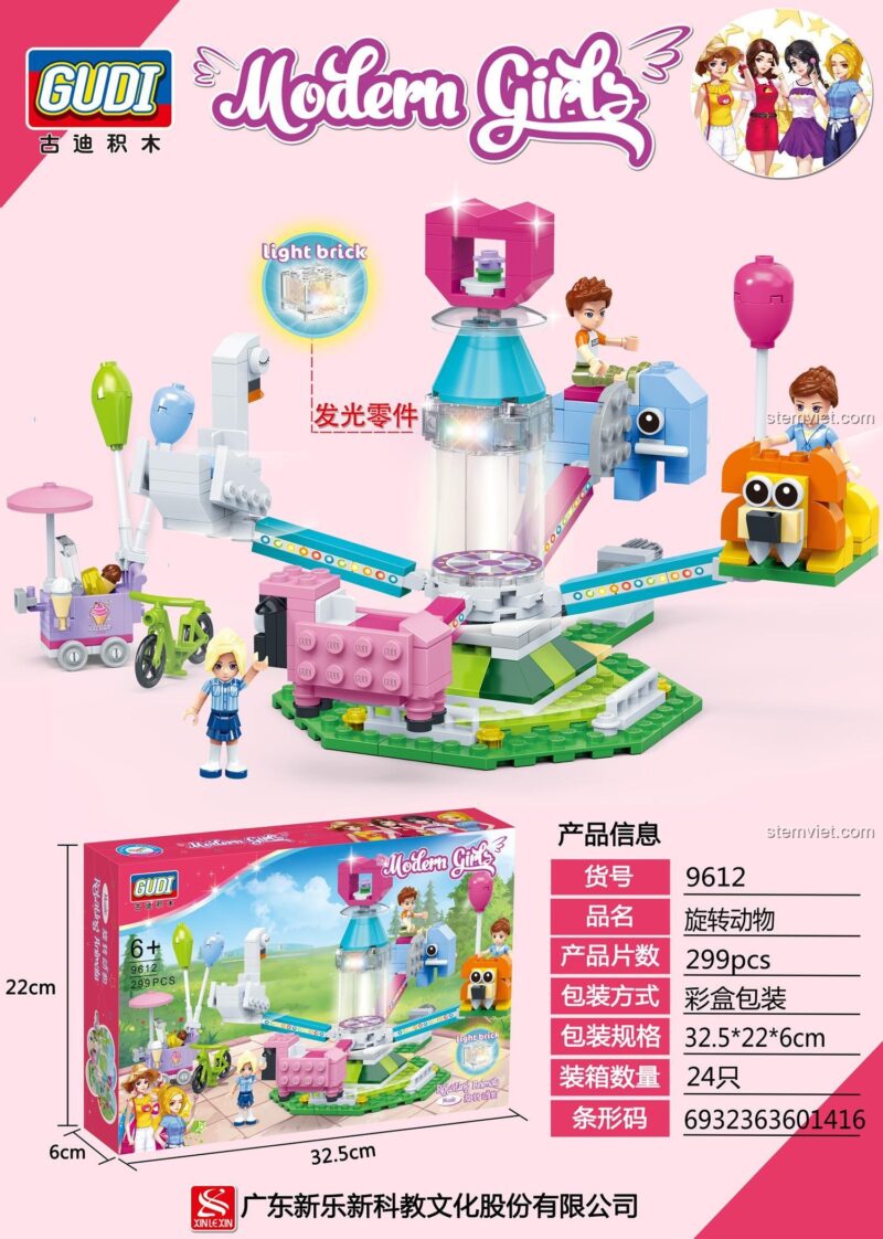 Thông số kỹ thuật của bộ đồ chơi GUDI 9612 Vòng quay thú cưng với 299 chi tiết, phù hợp cho bé gái.