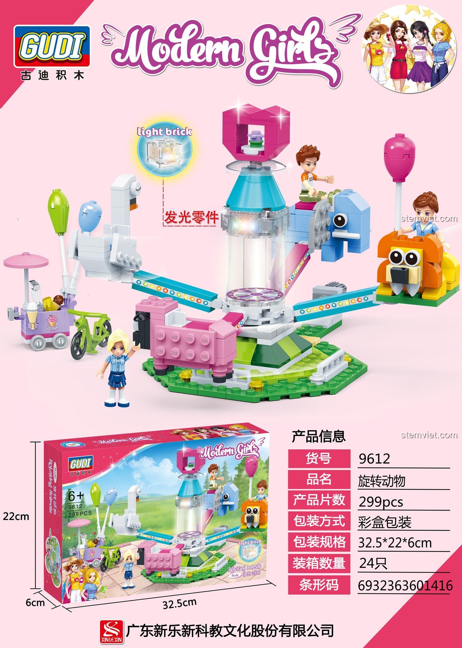Thông số kỹ thuật của bộ đồ chơi GUDI 9612 Vòng quay thú cưng với 299 chi tiết, phù hợp cho bé gái.