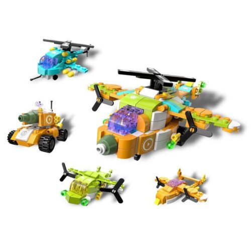 Bộ lắp ráp Hengtai 92052 Biệt Đội Siêu Dễ Thương 4 trong 1, gồm xe tăng và máy bay mini, dành cho bé trai 6 tuổi.