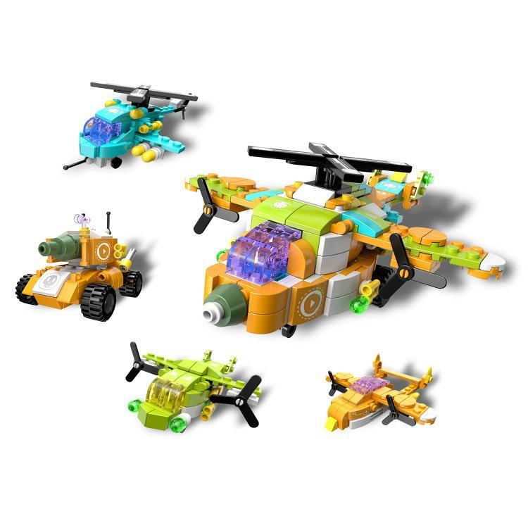 Bộ lắp ráp Hengtai 92052 Biệt Đội Siêu Dễ Thương 4 trong 1, gồm xe tăng và máy bay mini, dành cho bé trai 6 tuổi.