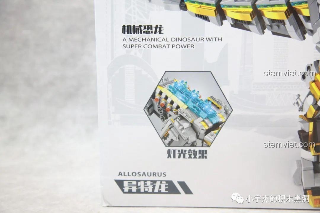 Chi tiết tính năng đèn LED của bộ đồ chơi xây dựng Quái vật cơ khí Allosaurus cho con trai 6 tuổi.