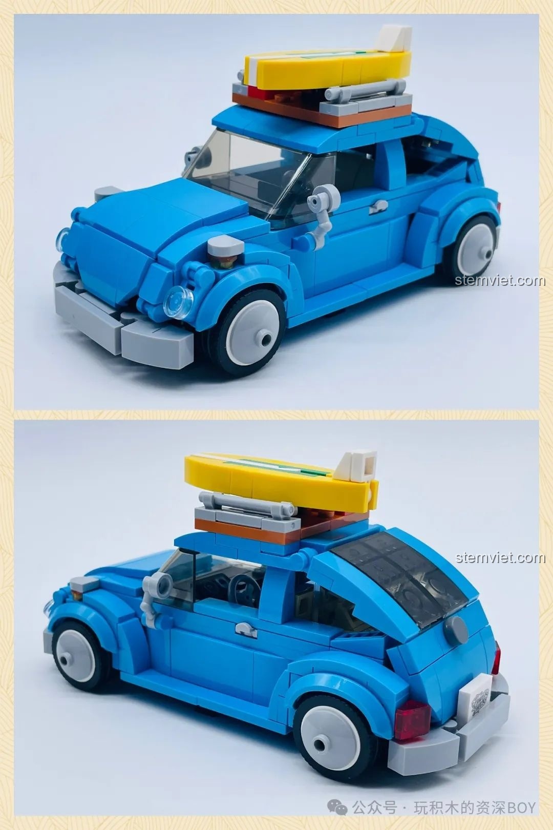 Hai góc nhìn khác nhau của mô hình Pinbo PB8805 Xe Volkswagen Beetle Cắm Trại hoàn chỉnh, nổi bật màu xanh và ván lướt sóng.