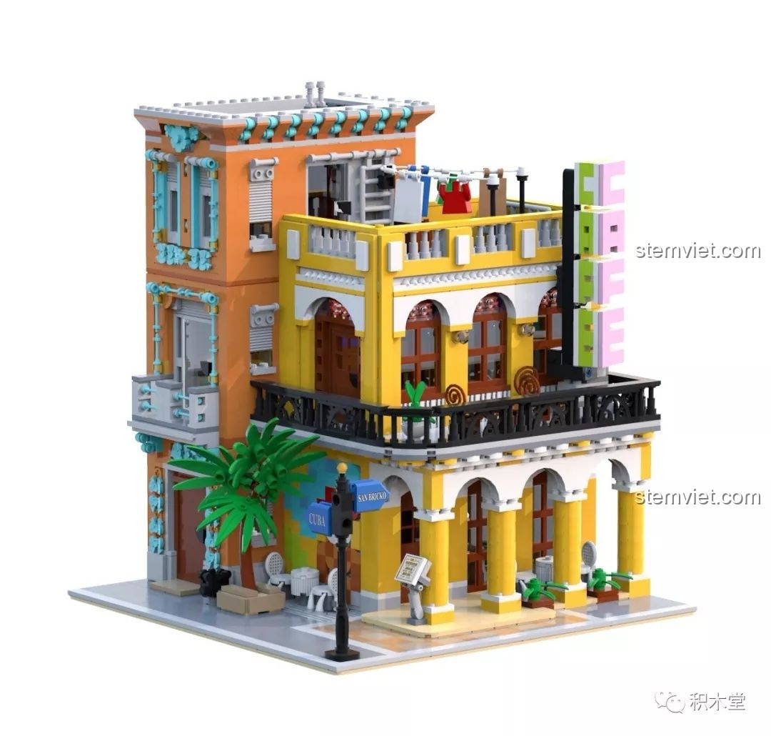 Hình ảnh render 3D của bộ lắp ráp RAEL 10002 Quán Cà Phê Havana với kiến trúc Cuba đầy màu sắc và chi tiết.