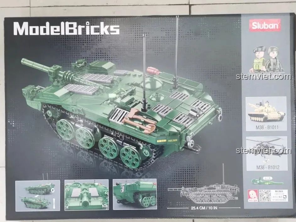 Mặt trước hộp bộ lắp ráp S-Tank M38-B1010 xịn giá rẻ, hình ảnh xe tăng STRV-103 màu xanh lá cây nổi bật.