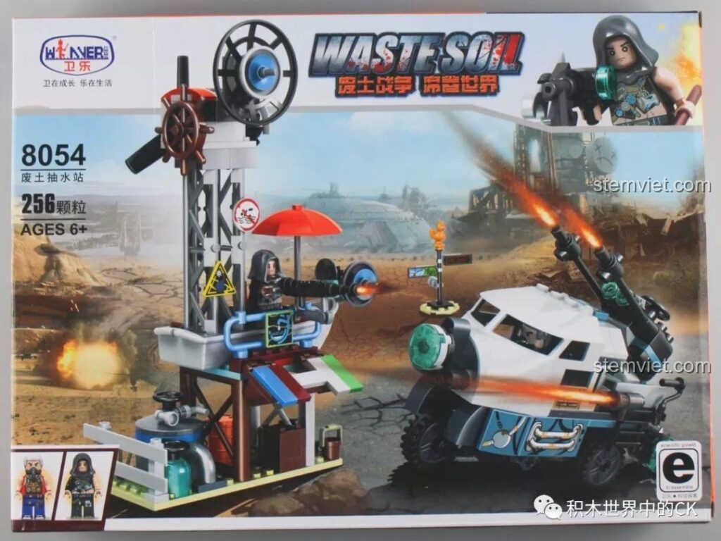 Hộp sản phẩm bộ đồ chơi Trạm Bơm Nước Hậu Tận Thế Winner 8054 với hình ảnh mô hình hoàn chỉnh và hai minifigures.