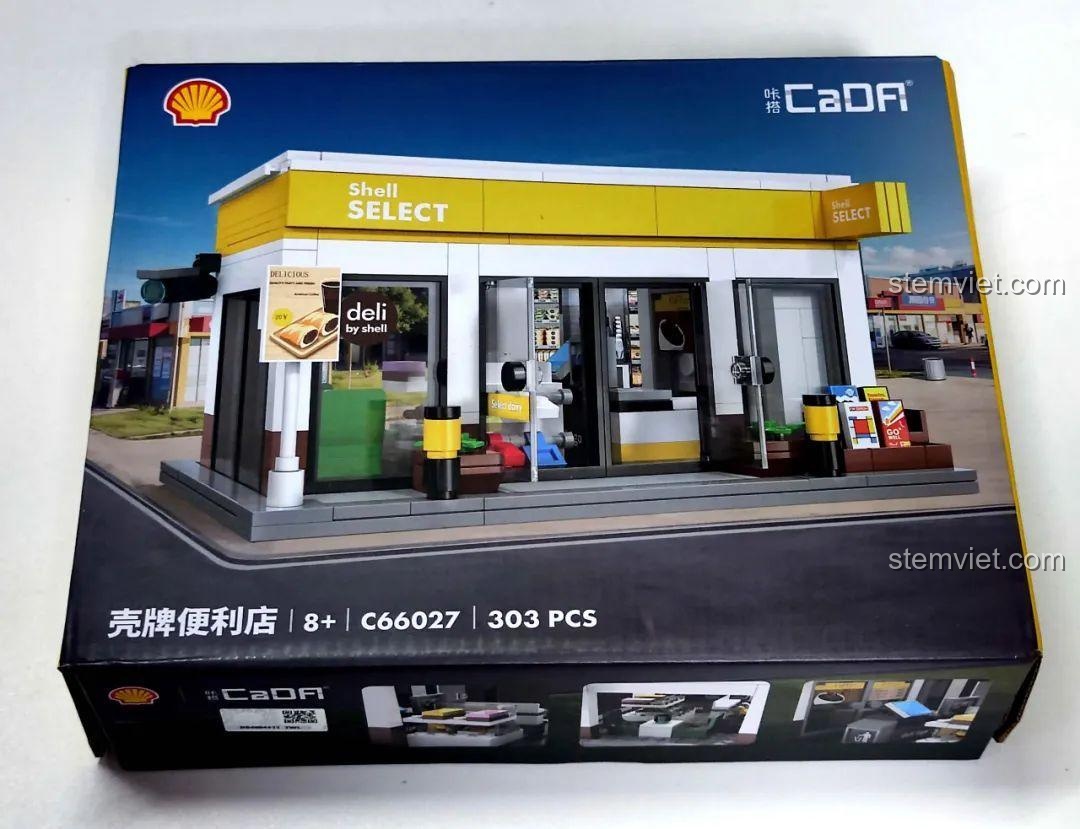 Mặt trước hộp bộ lắp ráp CaDA C66027 Cửa hàng tiện lợi Shell Select, hiển thị mô hình hoàn chỉnh.