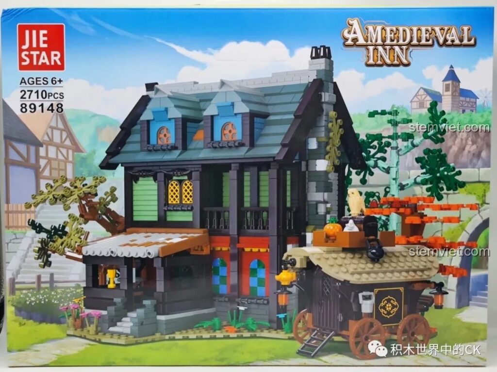 Mặt trước hộp đồ chơi xây dựng Nhà nghỉ Trung Cổ 89148 của JIESTAR, hiển thị mô hình hoàn chỉnh và xe ngựa.
