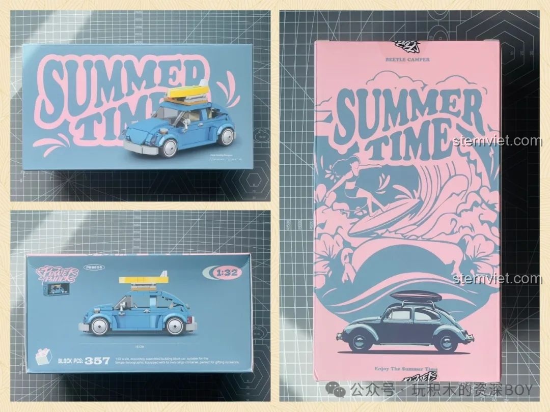Ba góc nhìn hộp đồ chơi lắp ráp Pinbo PB8805 Xe Volkswagen Beetle Cắm Trại Thời Gian Mùa Hè với thiết kế vintage, màu sắc tươi sáng.