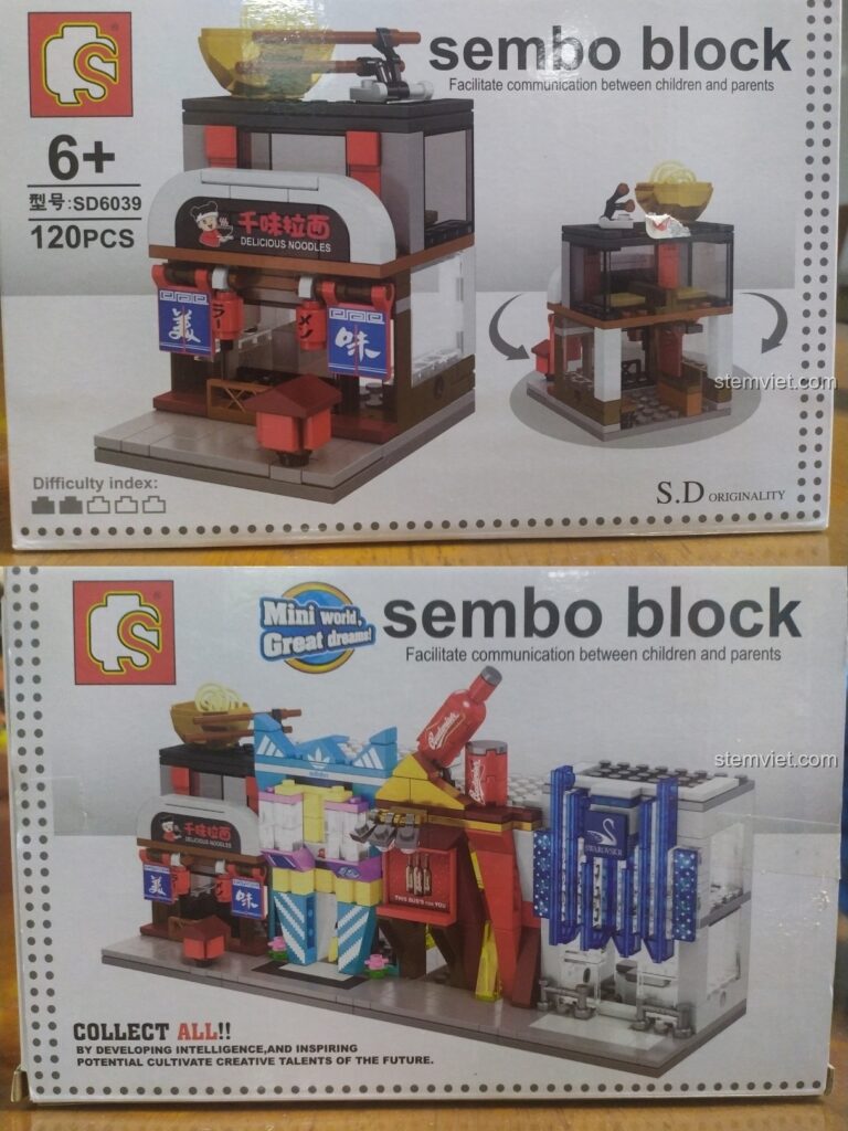 Hộp của hai bộ lắp ráp Sembo SD6039 Tiệm Mì Ramen và SD6038 Quán Bar, thuộc series phố cảnh mini.