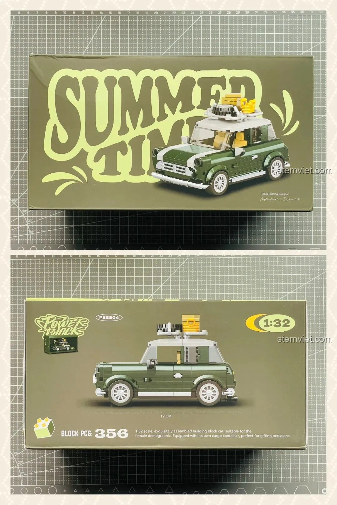 Hộp sản phẩm bộ lắp ghép Power Block PB8804 Xe MINI Camper Thời Gian Hè, hiển thị hình ảnh mô hình và thông số chi tiết.