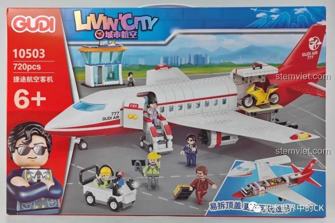 Mặt trước hộp bộ đồ chơi Máy bay chở khách Gudi Air 777 10503, hiển thị mô hình máy bay, đài không lưu và các minifigures.