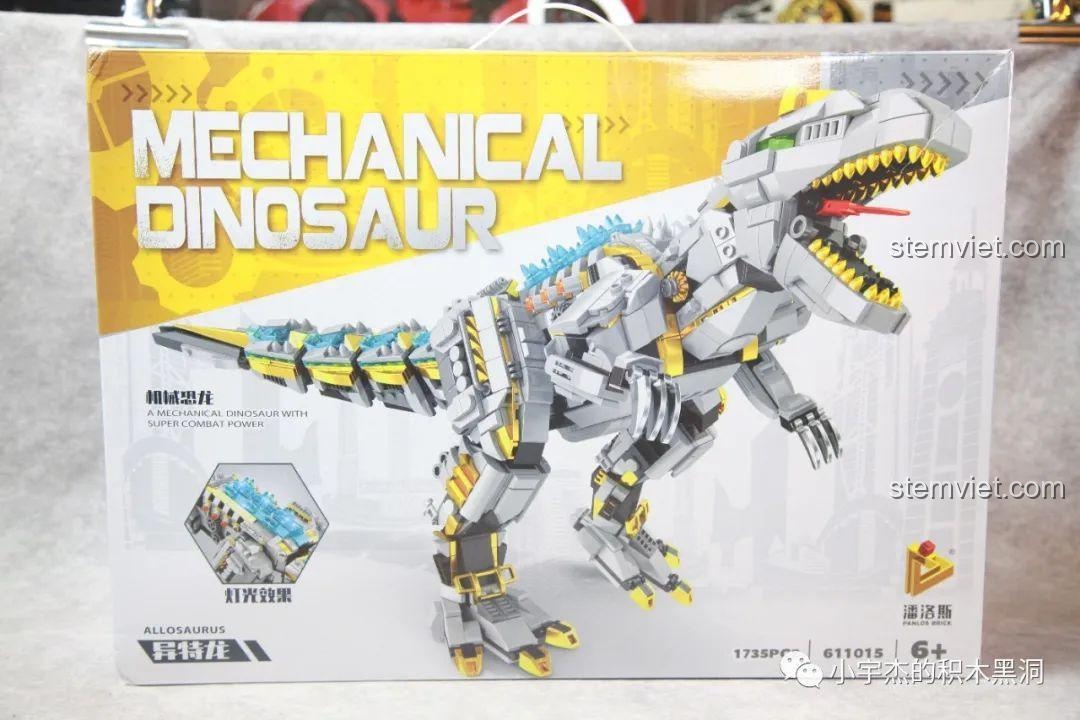 Mặt trước hộp đồ chơi lắp ghép Khủng Long Máy Allosaurus Panlos Brick 611015, món quà ấn tượng cho bé trai 6 tuổi.