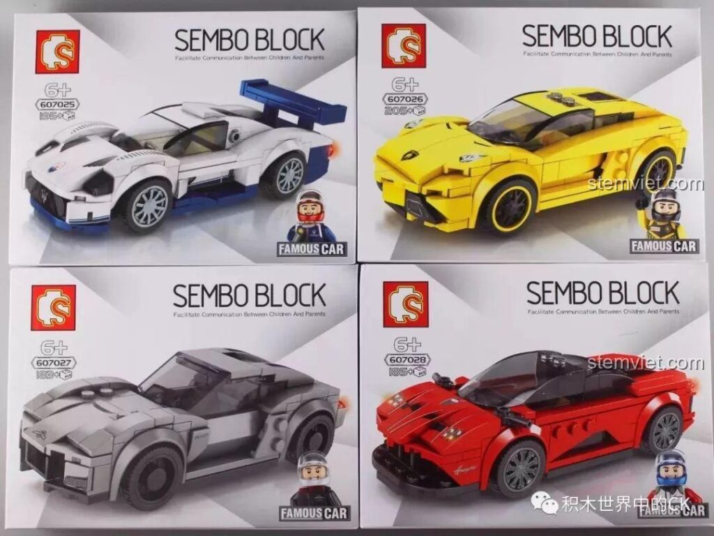 Hộp của bốn bộ lắp ráp trong series Sembo Block Famous Car 607025-607028, mỗi hộp là một mẫu siêu xe khác nhau.