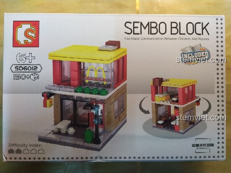 Hộp đồ chơi lắp ráp Sembo Block SD6012 mô hình cửa hàng McDonald's với 150 mảnh ghép, phù hợp cho bé gái 6 tuổi.