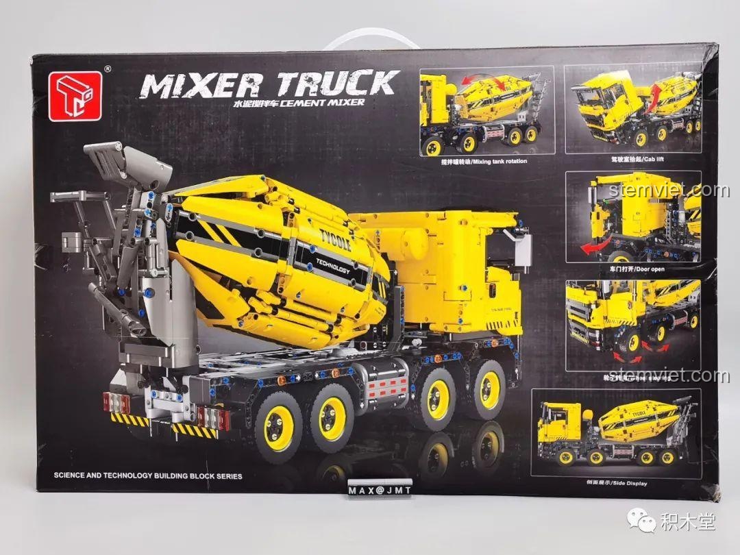 Mặt sau hộp đồ chơi lắp ghép Xe Trộn Bê Tông Tycole T4005, giới thiệu các tính năng và cách chơi độc đáo.
