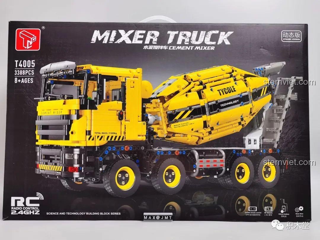 Hộp sản phẩm của bộ lắp ráp Xe Trộn Bê Tông Tycole T4005, hiển thị 3388 chi tiết và tính năng điều khiển từ xa.