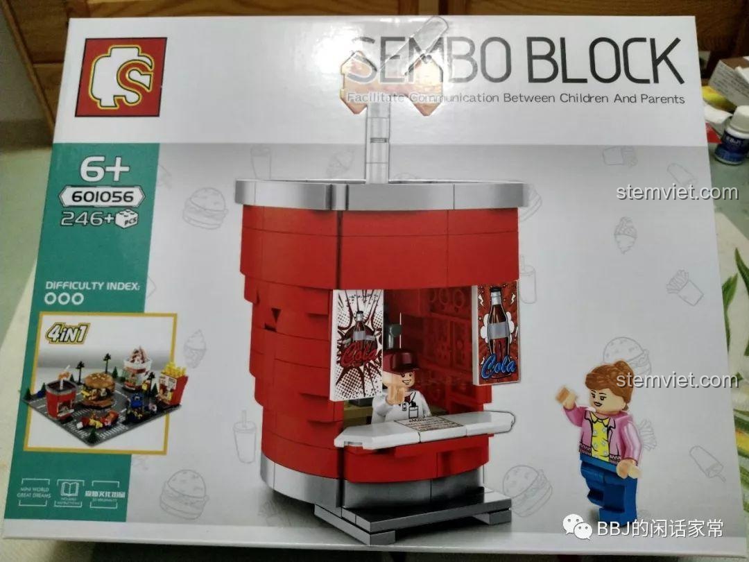 Mặt trước hộp đồ chơi xếp hình Tiệm nước Coca-Cola Sembo 601056 với hình ảnh mô hình hoàn chỉnh và minifigure.