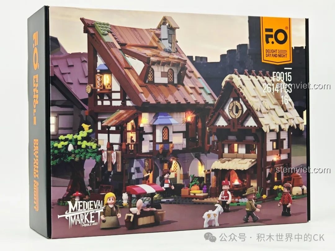 Hộp đựng bộ lắp ráp FunWhole F9015 Khu Chợ Thời Trung Cổ với hình ảnh mô hình hoàn thiện lung linh và thông tin 2614 chi tiết.