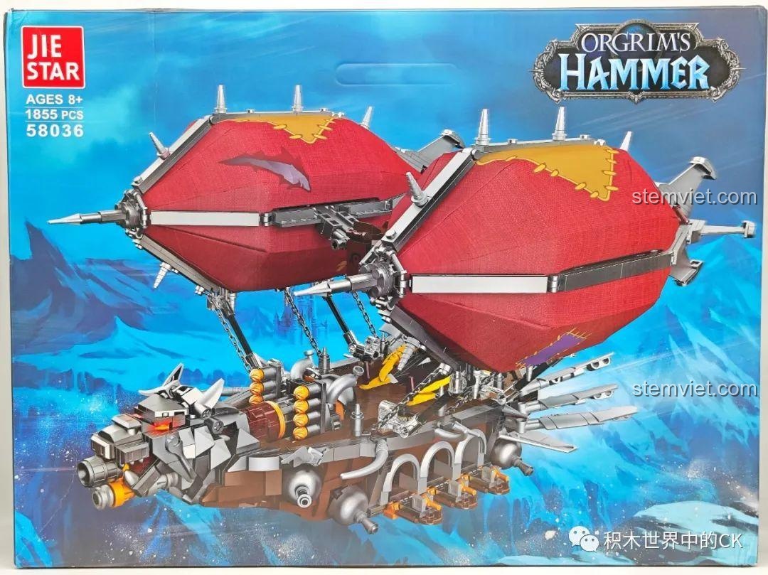 Mặt trước hộp bộ lắp ráp JIESTAR 58036 Chiến hạm Orgrim's Hammer với 1855 chi tiết, dành cho trẻ từ 8 tuổi.