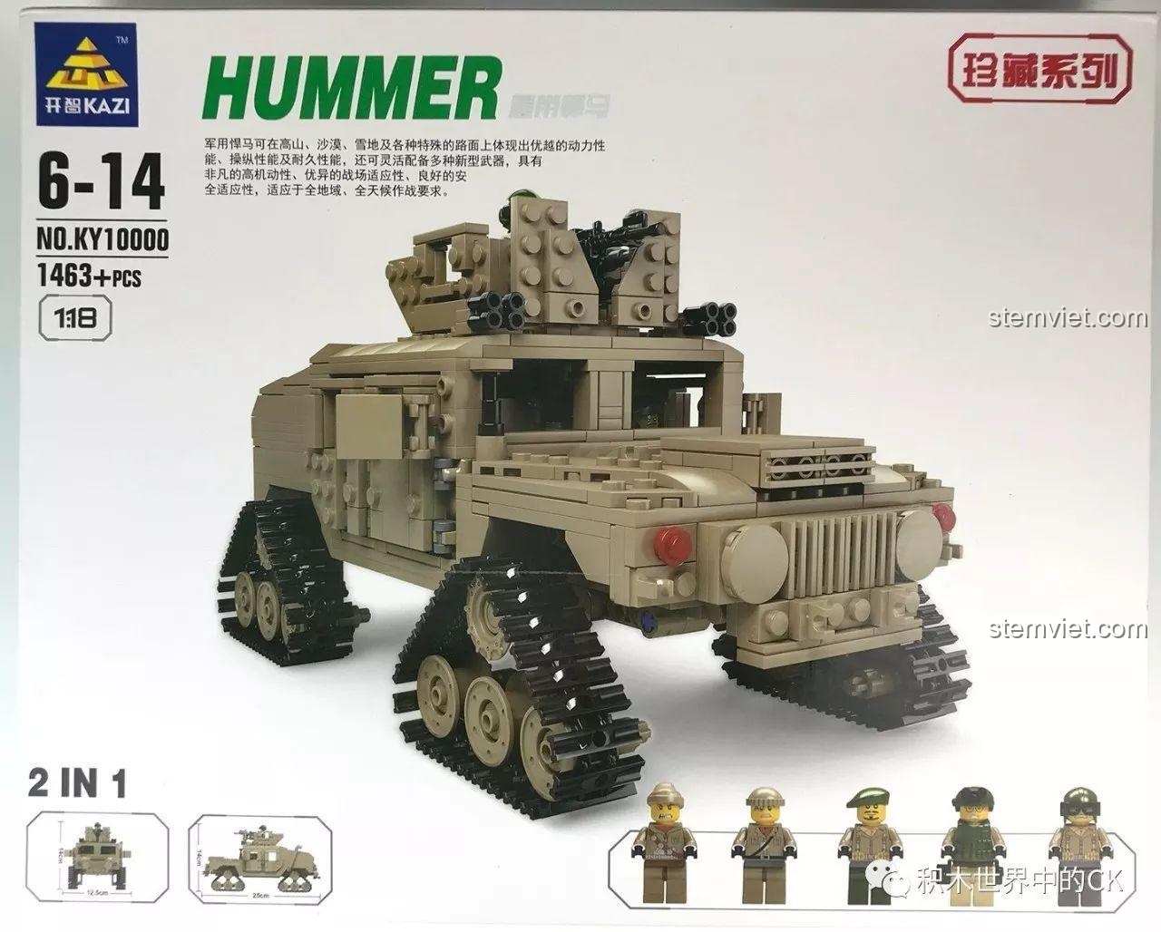 Mặt sau hộp bộ đồ chơi KAZI KY10000 hiển thị mô hình thay thế là Xe Hummer bánh xích hầm hố.