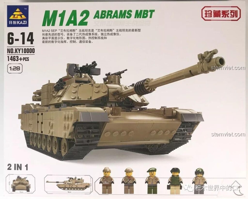Mặt trước hộp bộ lắp ráp KAZI KY10000 Xe Tăng Chủ Lực M1A2 Abrams, thể hiện mô hình xe tăng hoành tráng và 5 minifigures.