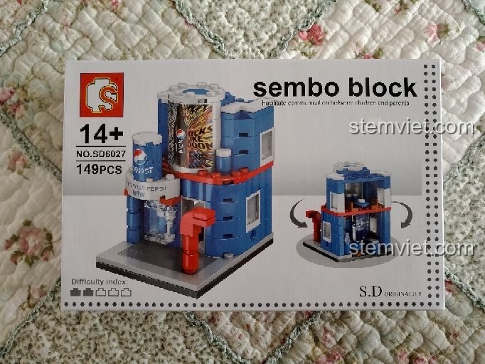 Mặt trước hộp bộ lắp ghép Sembo SD 6027 Cửa Hàng Nước Ngọt Vui Vẻ với 149 chi tiết dành cho bé gái 6 tuổi.